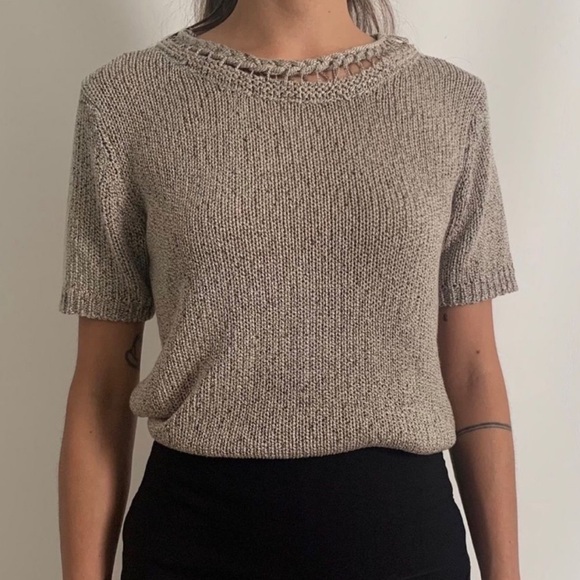 Anthropologie Sweaters - Anthropologie Moth Neutral Short Sleeve Crewneck Lattice Collar Knit Sweater